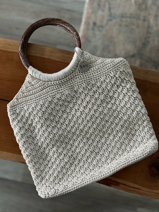 The Sak Handbags - The Sak Cream Crochet Ring-Handle Tote with Brown Wooden Handles